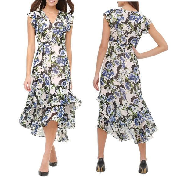 Tommy Hilfiger Dresses & Skirts - Tommy Hilfiger Floral High-Low Midi Dress in Light Pink Chiffon